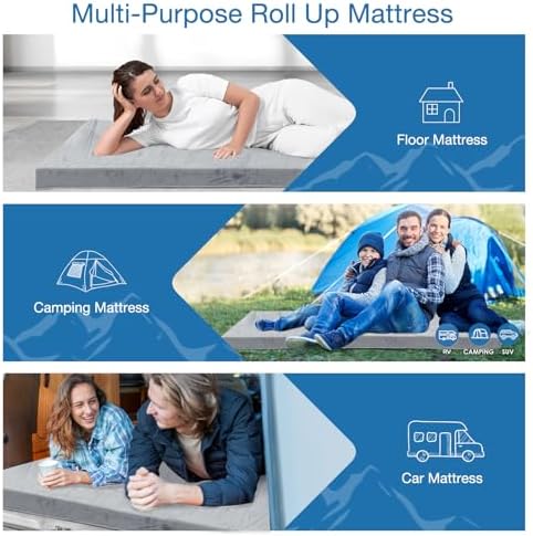 KingChii CertiPUR-US Memory Foam Camping Mattress, Portable Roll Up Travel Car Camping Mattress Sleeping Pad & Floor Mattress, Cot Mattress Guest Bed for Sleepover with Waterproof Cover & Travel Bag