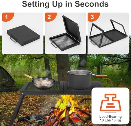Odoland Folding Campfire Grill, Heavy Duty Steel Mesh Grate with Folding Legs and Storage Bag, Portable Camping Grates, Over Fire Pit Grill Rack for Outdoor Cooking and Bonfire