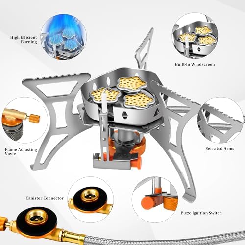 6800W Portable Windproof Camping Stove - Foldable Backpacking Stove with Piezo Ignition, Fuel Canister Adapter & Carry Case for Outdoor Cooking, Hiking & Picnics