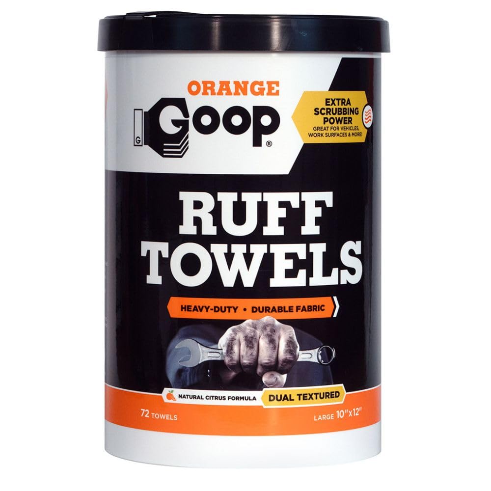 GOOP Orange Heavy Duty Ruff Towels with Scrubbing Power, 10โ x 12โ Dual Textured Multi-Purpose Cleaning Wipes, Removes Dirt, Grease, Oil, 72 Count