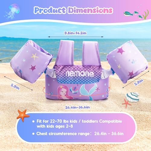NEMONE Toddler Swim Vest for 22-70 lbs Kids Floaties Swim Jacket with Arm Water Wings for Girls Boys 2 3 4 5 6 7 Years Old Sea Beach Pool
