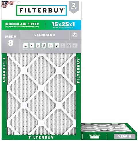 Filterbuy 15x25x1 Air Filter MERV 8 Dust Defense (2-Pack), Pleated HVAC AC Furnace Air Filters Replacement (Actual Size: 14.50 x 24.50 x 0.75 Inches)
