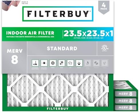Filterbuy 23.5x23.5x1 Air Filter MERV 8 Dust Defense (4-Pack), Pleated HVAC AC Furnace Air Filters Replacement (Actual Size: 23.38 x 23.38 x 0.75 Inches)