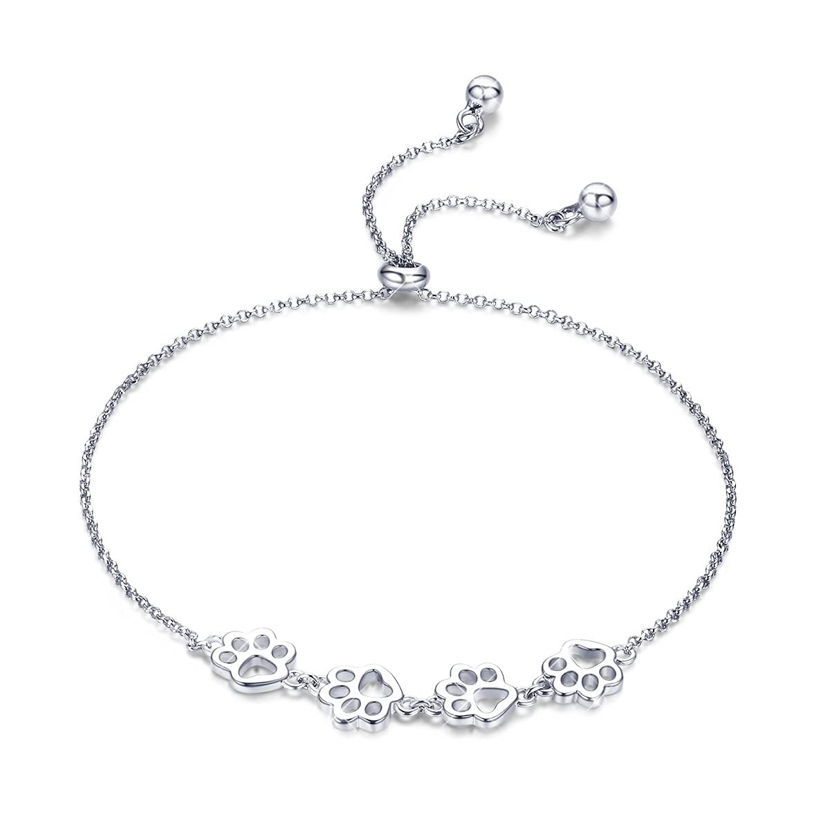 BISAER 925 Sterling Silver Cat Dog Paw Print Charm Bracelet for Women