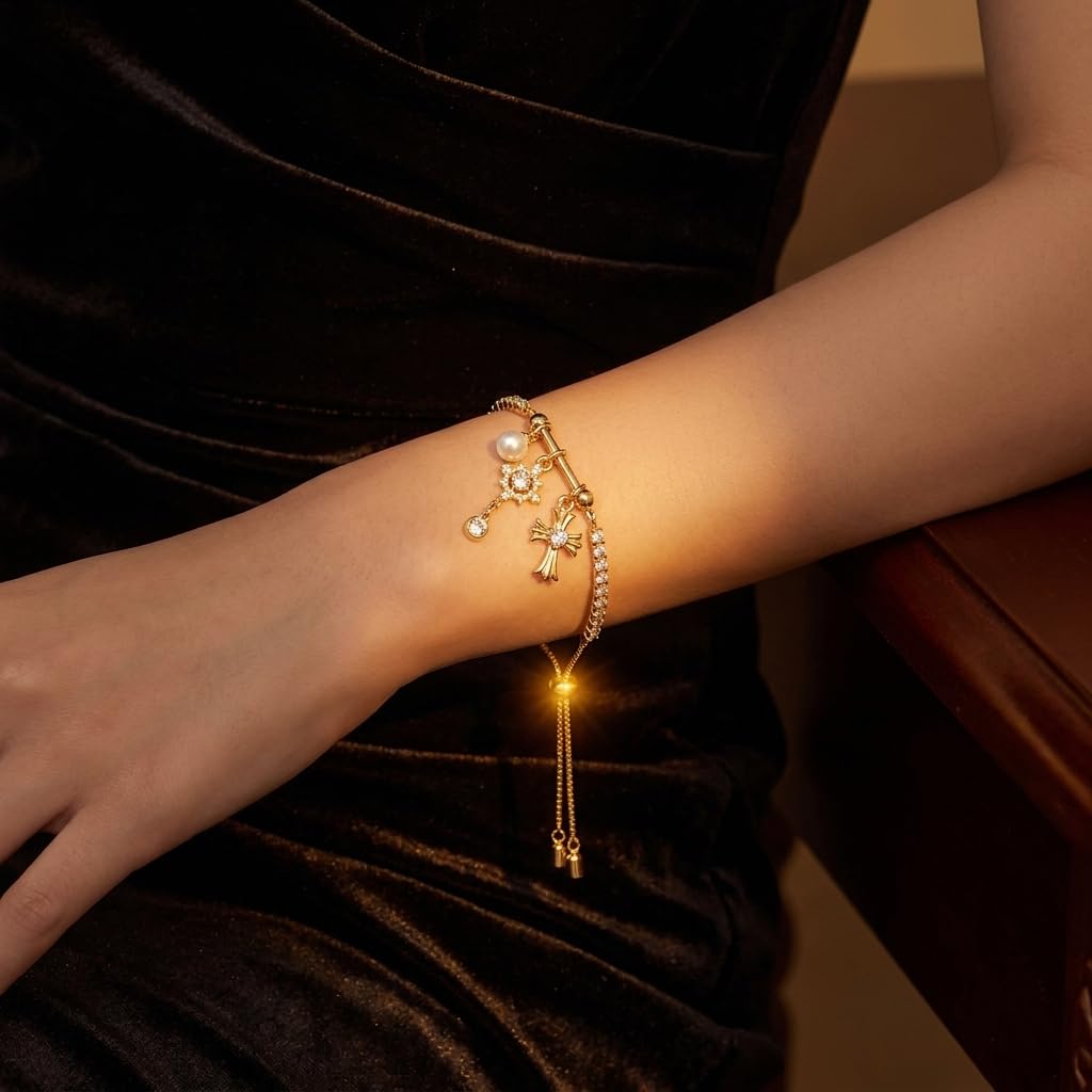 14K Gold Bracelet for Women | Cross Charm, Adjustable Slider-2Pcs