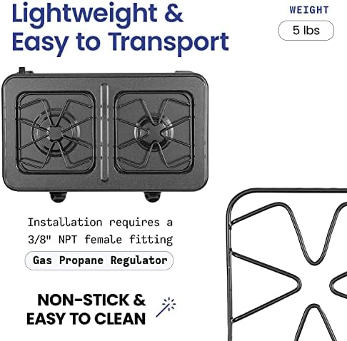 ABBA Double Burner Portable Propane StoveTop - Lightweight Alloy Steel Portable Stove - Stove for Camping, Patio & Outdoor Activities, 13.19" x 21.85" x 4.33" (Green or Black) (Black)