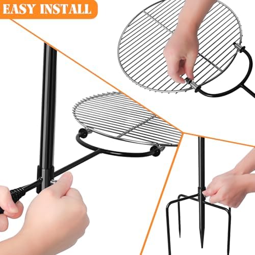CANDANA Campfire Grill Grate with Keetle Hook Camp Fire Pit Cooking Equipment 360° Rotatable Swivel for Outdoor Camping BBQ Heavy Duty Fireplace Firepit Grilling Parts