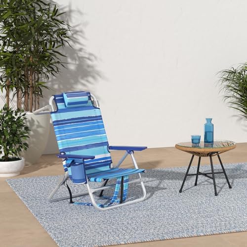 LEMBERI Backpack Beach Chairs for Adults,1/2 Pack Folding Heavy Duty Camping Chair with Large Pockets and Cup Holder,Adjustable high Beach Lounge Chairs with Towel Rack for Outdoor,Travel (2, Blue)