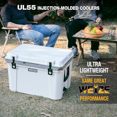 WEIZE Ultra-Light 55 Quart Hard Cooler Insulated Portable Ice Chest Box with Bottle Opener, Keeps Cold up to 8 Days for Beach, Drink, Beverage, Camping, Picnic, Fishing, Boat, Barbecue, White