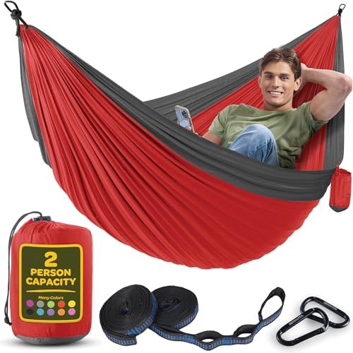 Durable Hammock 500 lb Capacity, Nylon Camping Hammock Chair - Double or Single Sizes w/Tree Straps and Attached Carry Bag - Portable for Travel/Backpacking/Beach/Backyard (Large, Red & Dark Grey)