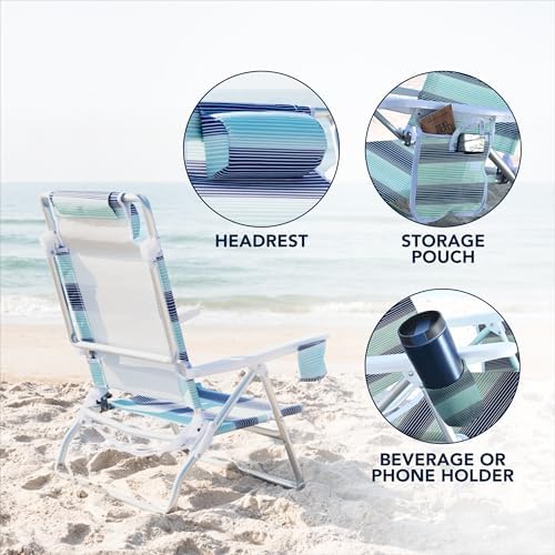 Caribbean Joe Folding Beach Chair, 5 Position Lightweight, Portable Reclining Outdoor Camping Chair with Headrest, Shoulder Strap, and Cup Holder, Horizon Stripe