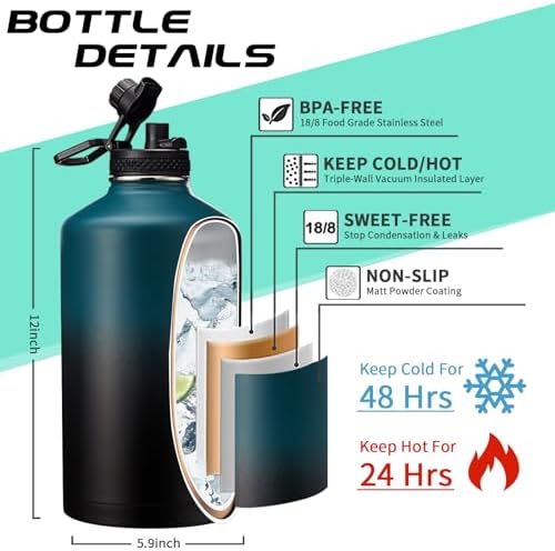 1 Gallon Water Bottle Stainless Steel - 128oz Insulated Flask Water Bottle with Sleeve Strap, Big Water Jug with Straw & Spout Lid, Gym Camping Gallon Water Bottle w/Paracord Handle, protective Boot