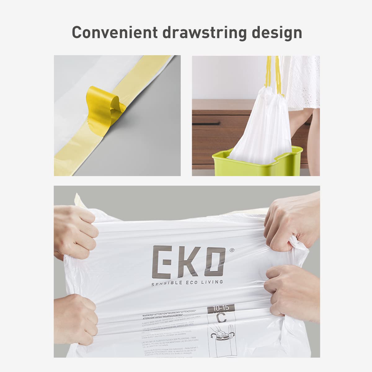 EKO Easy-Dispense Roll of 60 Count Extra-Strong Drawstring Kitchen Trash Bags - 21 Gallon Garbage Bags (79.5L) 1 pack, Code G