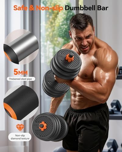 FEIERDUN Adjustable Dumbbells, 20/30/40/45/70/90lbs Free Weight Set with Connector, 5 in1 Dumbbells Set Used as Barbell, Kettlebells, Push up Stand, Weight Plate, Fitness Exercises for Home Gym Suitable Men/Women