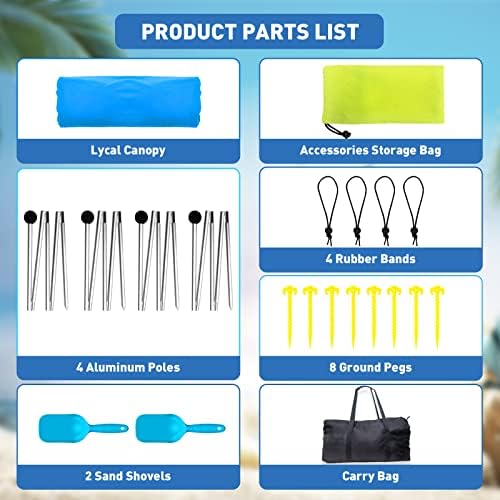 Beach Tent Canopy Pop Up Shade 10x10ft Sun Shelter Portable Family UPF50+ with 8 Sandbags-2 Sand Shovel-4 Aluminum Poles-Ground Pegs-Carrying Bag for Outdoor Camping Fishing Backyard Picnic