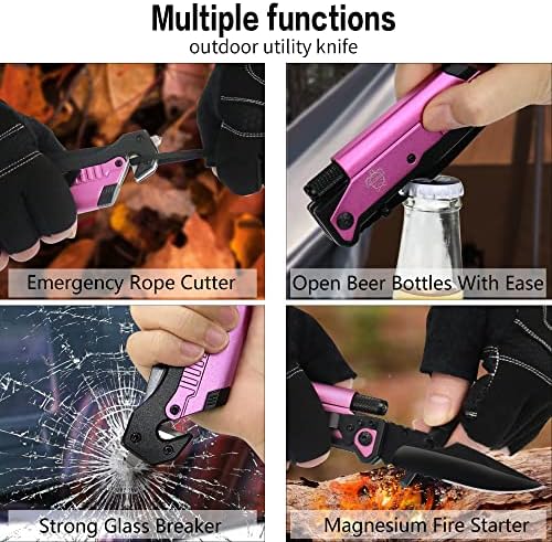 8.5" Military Outdoor Hunting Camping Pocket Knife, 7 in 1 Multi-Function Folding Knives with Fire Starter LED Light Seatbelt Cutter Glass Breaker Bottle Opener Tactical Blade (Pink)