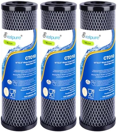 1 Micron 10" x 2.5" Whole House CTO Carbon Water Filter Cartridge Replacement for Home Countertop System, Dupont WFPFC8002, WFPFC9001, FXWTC, SCWH-5, WHEF-WHWC, WHCF-WHWC, CTO10, T01, 3PACK
