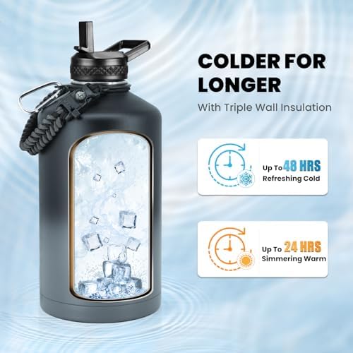One Gallon Water Bottle Insulated, Triple Walled Vacuum Stainless Steel (Cold for 48 Hrs), Leak Proof & Non-BPA, Large Water Flask Jug with Paracord Handle & Straw Spout Lids