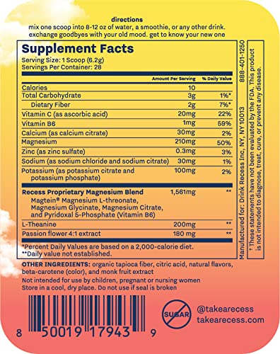 Recess Mood Powder, Calming Magnesium L-Threonate Blend with Passion Flower, L-Theanine, Electrolytes, Magnesium Calm Support Powder Supplement - Lemon Citrus 28 Serving Tub