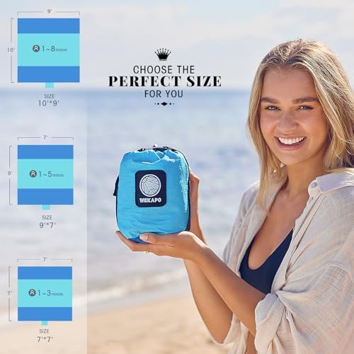 WEKAPO Beach Blanket Sandproof Waterproof, Extra Large Beach Mat, Oversized & Compact Sand Free Mat Quick Drying, Lightweight & Durable with 6 Stakes & 4 Corner Pockets