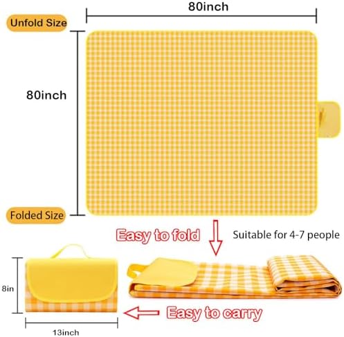 Extra Large Picnic Blanket Beach Blankets, 80''x80'' Picnic Mat Waterproof Sand Proof Foldable Portable for Outdoor Camping Hiking Travel Grass Park Music Festival Lawn Mats (yellow, 80x80 inch)