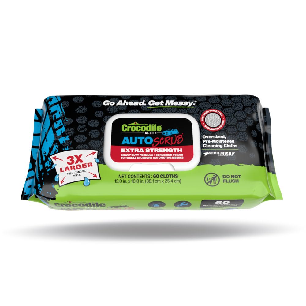 Crocodile Cloth AutoSCRUB Cleaning Wipes – 60-Count (15” x 10”) Cleaning Cloths Remove Oil, Grease, Paint, Tar, Brake Dust, Hydraulic Fluid, Silicone, Sealants & Road Grime from Tools & Hands