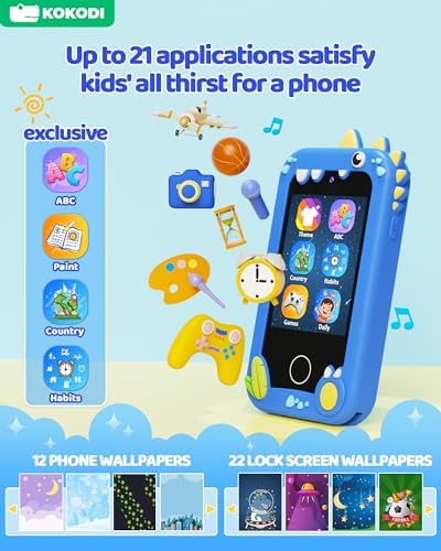 KOKODI Kids Smart Phone, Touchscreen HD Dual Camera Cell Phone for Kids, Christmas Birthday Gifts Dinosaur Child Play Phone for Boys 3-10, Travel Toy Preschool Learning Education Toy