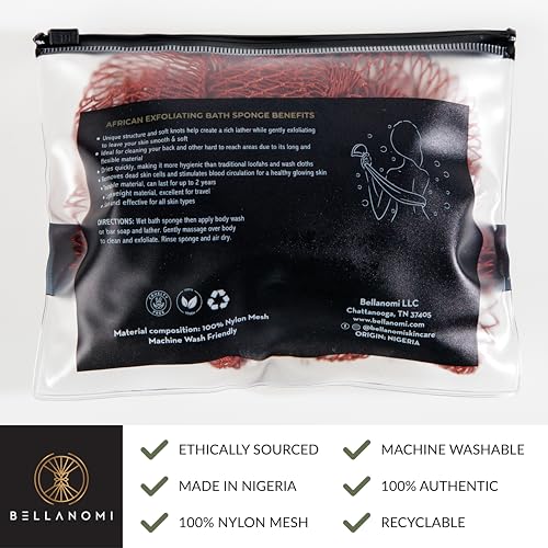BELLANOMI African Exfoliating Net Sponge, Authentic, Ethically sourced from Nigeria, 45 inches Long, Back Scrubber for Daily use (Copper Brown)