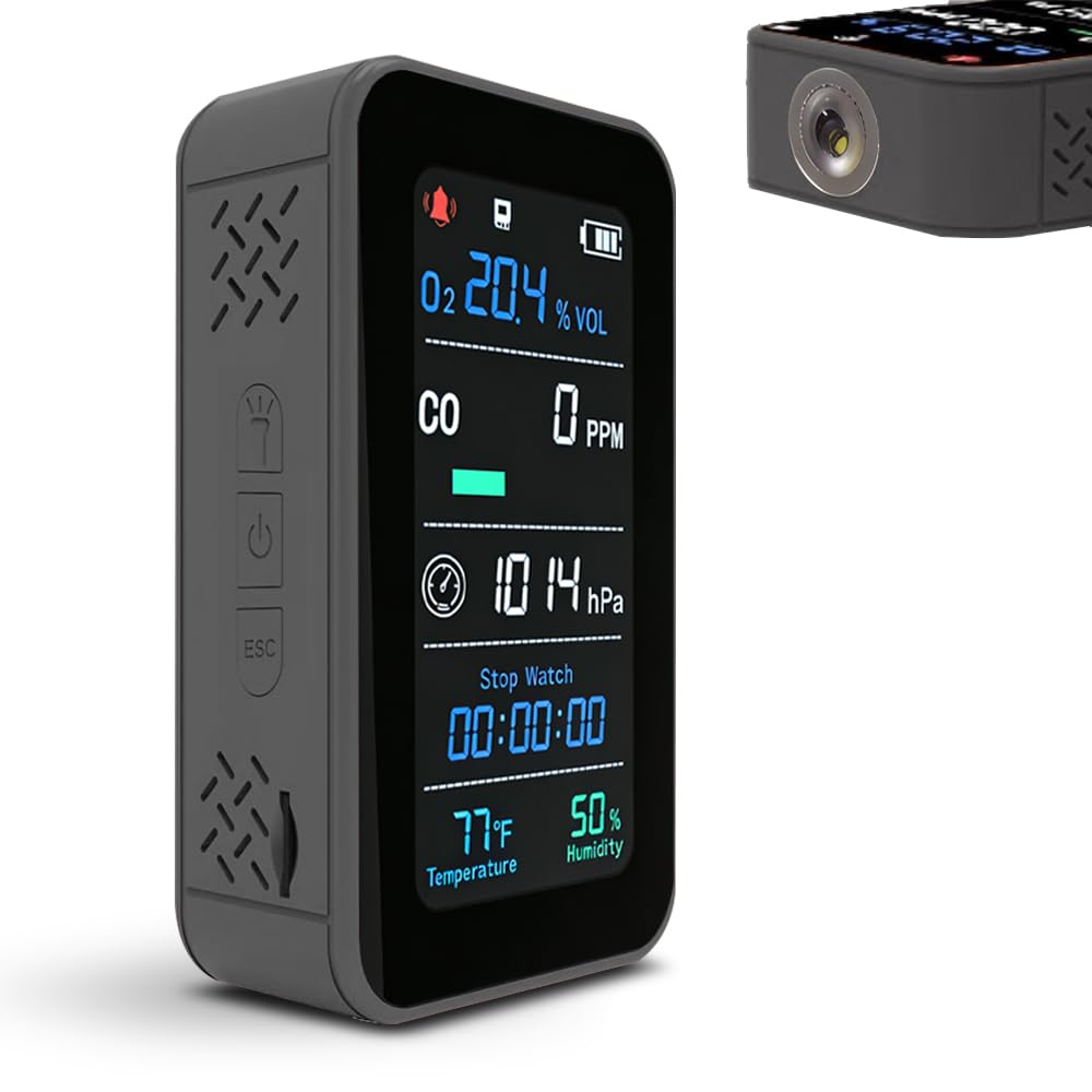 GZAIR Portable 7-in-1 Multi Gas Detector, O2 CO Gas Monitor with Temperature Humidity Air Pressure Sensors, Rechargeable Device with Data Logging and Flashlight