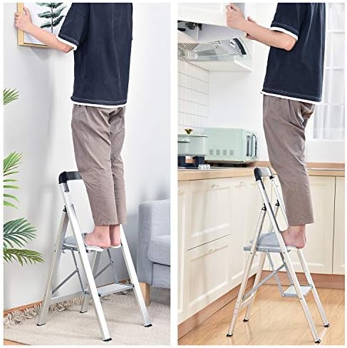 KINGRACK Aluminium 2 Step Ladder, Lightweight Step Stool with Non-Slip Pedals, Handrail, 330LBS Foldable Step Ladder for Kitchen, Garage, Home, Space Saving, Sturdy and Portable, Silver