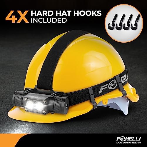 Foxelli Ultra Bright Rechargeable Headlamp – 18650 Battery, IPX7 Waterproof, 1200 Lumen LED Light for Work & Outdoors, with Battery & Hooks - Perfect for Hard Hat or Helmet