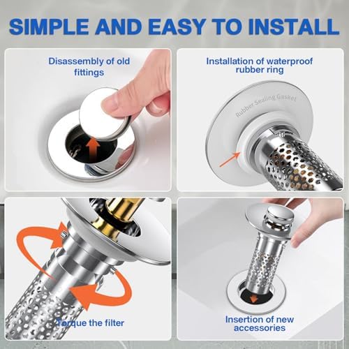 Bathroom Sink Stopper Hair Catcher, Pop-up Sink Drain Strainer with Removable Stainless Steel Strainer Basket Hair Catcher, Bathroom Sink Strainer for Bathroom Sink Stopper Replacement.(New-2PCS)