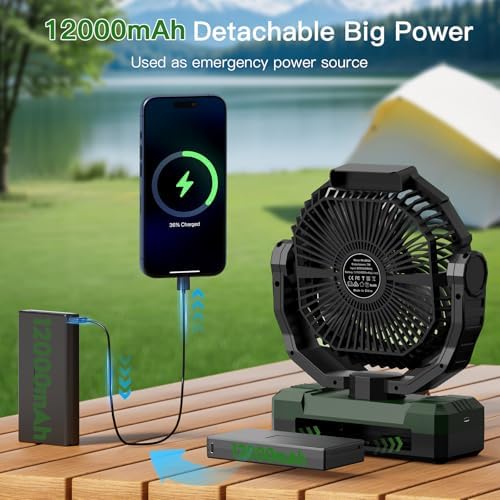 FRIZCOL 3-in-1 Camping Fan - Portable Fans Rechargeable - 12000mAh 9-Inch Battery Powered Fan(70Hrs) with Light & Remote for Indoor, Outdoor, Tent, Travel, BBQ, Fishing, Jobsite - Green