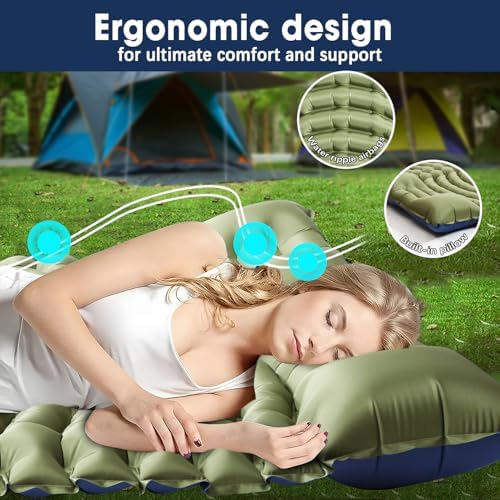 Double Sleeping Pad for Camping - Ultralight Camping Mattress with Pillow, Built-in Foot Pump, Compact Inflatable 2-Person Portable Mat for Backpacking, Hiking, Car Traveling, Beach, Tent