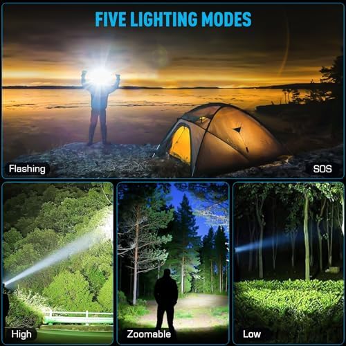 LED Rechargeable Headlamp, Super Bright with 5 Modes & IPX7 Level Waterproof USB Rechargeable Zoom Headlight, 90° Adjustable for Outdoor Camping, Running, Cycling, Climbing