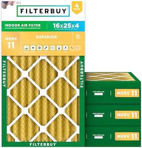 Filterbuy 16x25x4 Air Filter MERV 11 Allergen Defense (4-Pack), Pleated HVAC AC Furnace Air Filters Replacement (Actual Size: 15.50 x 24.50 x 3.63 Inches)