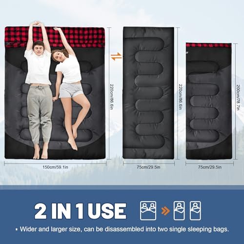 Cotton Flannel Double Sleeping Bag for Adults Machine Washable 2 Person Camping Sleeping Bag Queen Size Waterproof with Compression Sack for Cold Weather 3-4 Seasons