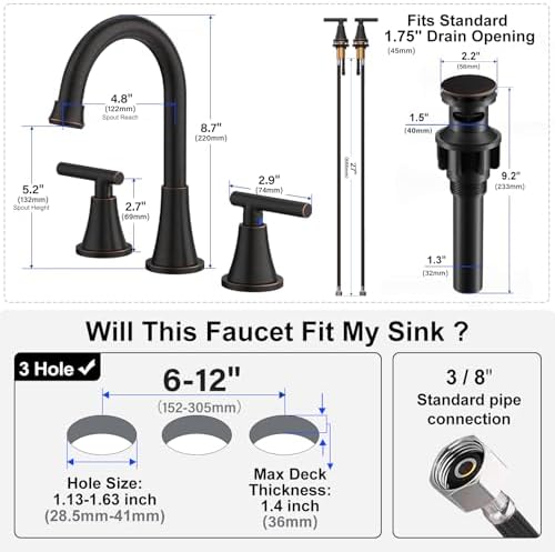 Bathroom Faucets for Sink 3 Hole, Hurran Oil Rubbed Bronze Bathroom Sink Faucet with Pop-up Drain and Supply Lines, Stainless Steel Lead-Free Widespread Faucet for Vanity RV Farmhouse