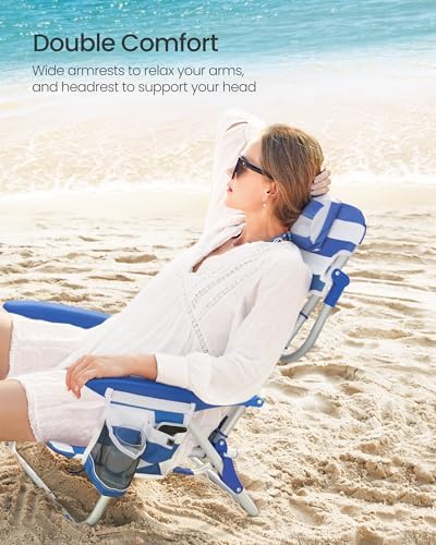 SONGMICS Portable Backpack Beach Chair, 331 lb Capacity, 4 Angles Adjustable Backrest, 2 Side Pockets, Towel Bar, Blue and White UGCB62BU