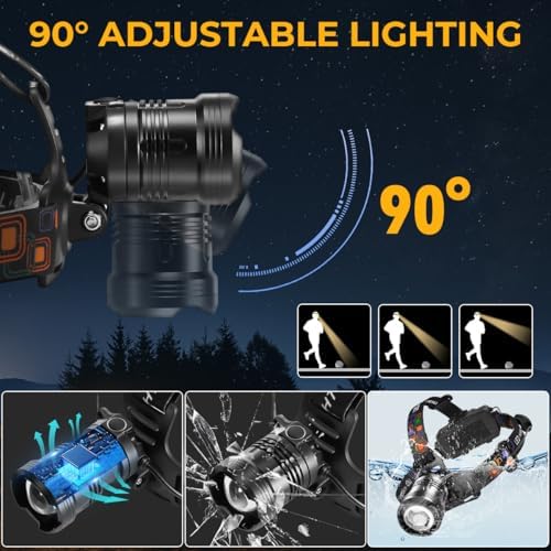Headlamp Rechargeable 2Pack, Super Bright Head Lamp, Adjustable Focus LED Headlamp, 90°Angle Head Lights for Forehead, 4Mode Headlight, Headlamps for Adults Hard Hat Camping Essentials Gear