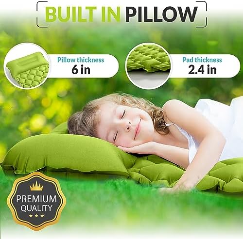 Kids Sleeping Pad for Camping and Sleepovers with Pillow, Inflatable Camping Mattress for Backpacking & Travel, Thick Toddler Cot Mat, Fast Inflating Camping Sleeping Pads for Kids