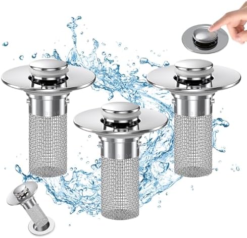 Bathroom Sink Drain Strainer, Pop Up Sink Drain Filter with Removable Stainless Steel Filter Basket Hair Catcher, Bathroom Sink Drain Stopper, for Us Bathroom Sink Stopper Replacement (3pcs)