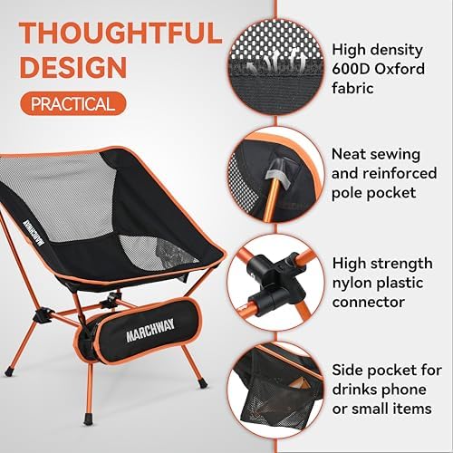 MARCHWAY Ultralight Folding Camping Chair, Heavy Duty Portable Compact for Outdoor Camp, Travel, Beach, Picnic, Festival, Hiking, Lightweight Backpacking (Orange)
