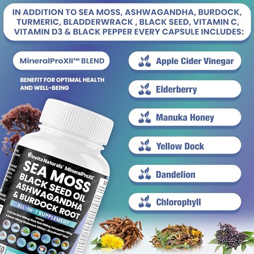 Sea Moss 3500mg Black Seed Oil 3000mg Ashwagandha 1500mg Turmeric 1000mg Bladderwrack 1000mg Burdock 1000mg, Vitamin C & D3 with ACV Chlorophyll Elderberry Manuka Dandelion Yellow Dock Vegan Caps USA