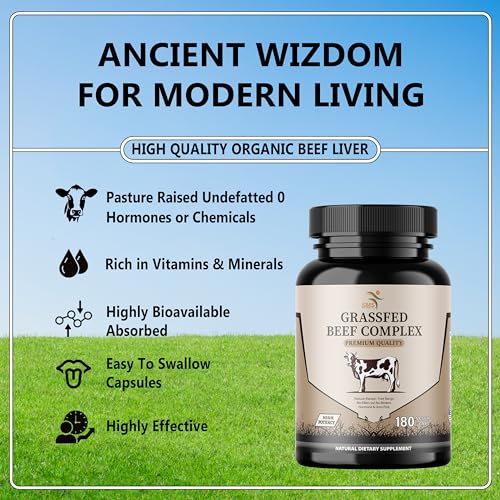 Beef Organ Supplement - Grass Fed & Pasture Raised - Total Body Wellness & Performance, Organ Complex with 3000mg of Desiccated Beef Liver, Heart, Kidney, Pancreas, Spleen (180 Capsules)