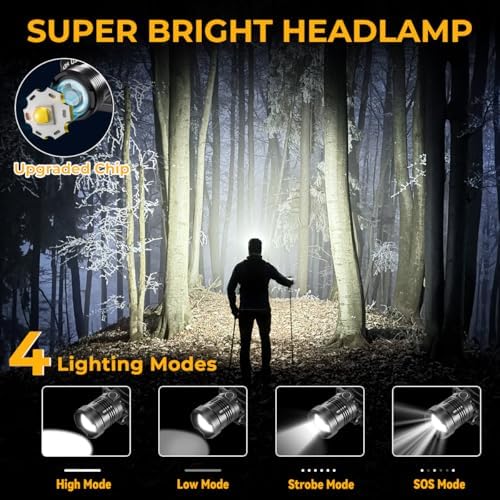 Headlamp Rechargeable 2Pack, Super Bright Head Lamp, Adjustable Focus LED Headlamp, 90°Angle Head Lights for Forehead, 4Mode Headlight, Headlamps for Adults Hard Hat Camping Essentials Gear