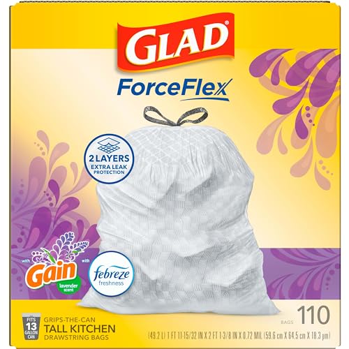 Glad ForceFlex Drawstring Trash Bags, 13 Gallon, Gain Lavender, 110 Count (Package May Vary)