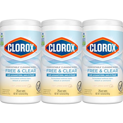 Clorox Free & Clear Compostable Cleaning Wipes, Light Lemon Scent, 75 Count, Pack of 3 (Pack May Vary)