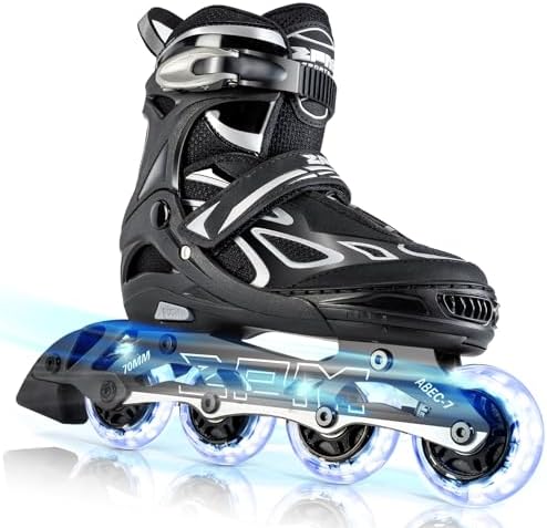 2PM SPORTS Vinal Girls Adjustable Flashing Inline Skates, All Wheels Light Up, Fun Illuminating Skates for Kids Men Adult Women and Boys