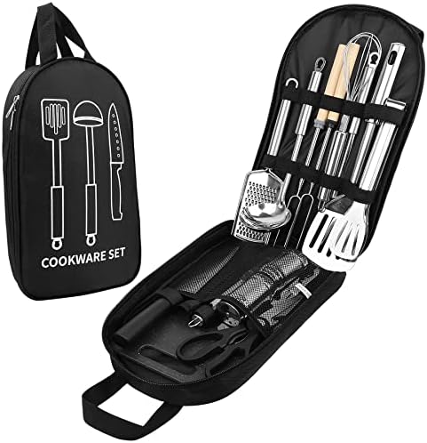 Camping Cooking Utensils Set, Stainless Steel Grill Tools, Camping BBQ Cookware Gear and Equipment for Travel Tenting RV Van Picnic Portable Kitchen Essentials Accessories
